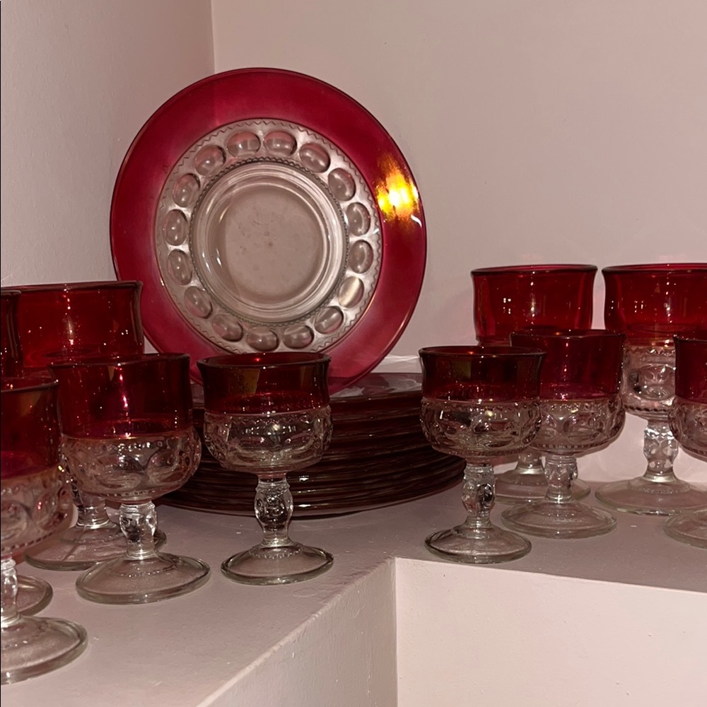 Tiffin king crown ruby flashed rim thumbprint goblet and dish collection